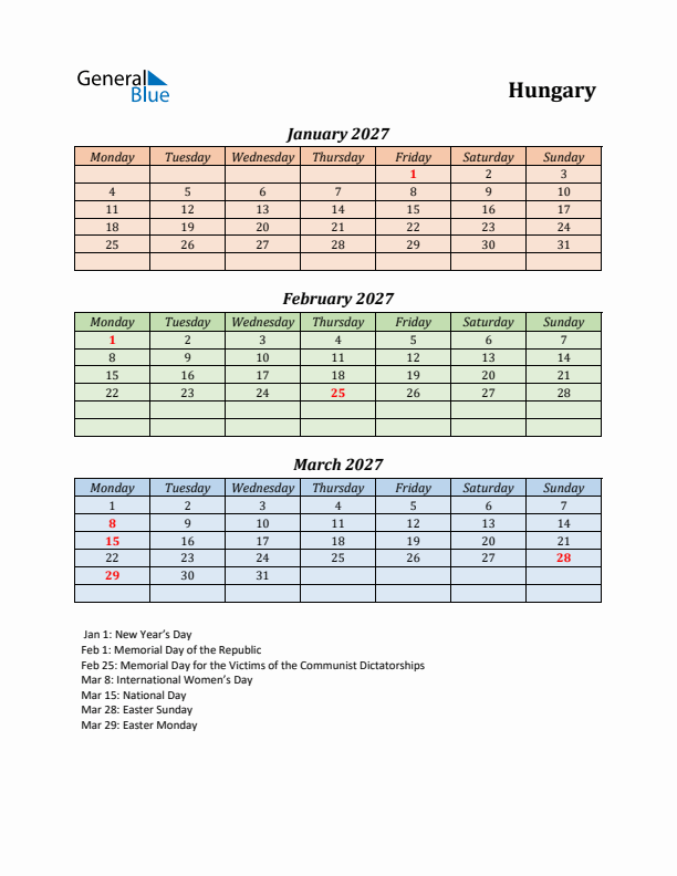 Q1 2027 Holiday Calendar - Hungary