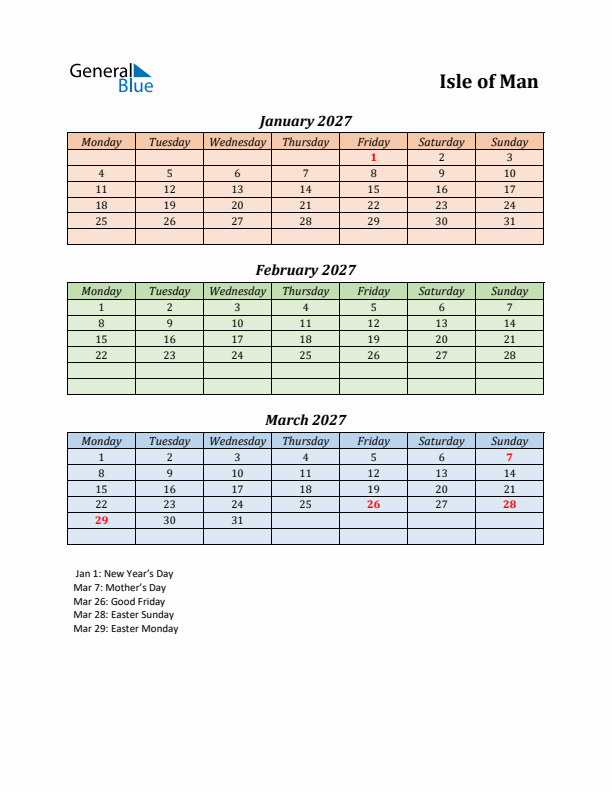 Q1 2027 Holiday Calendar - Isle of Man