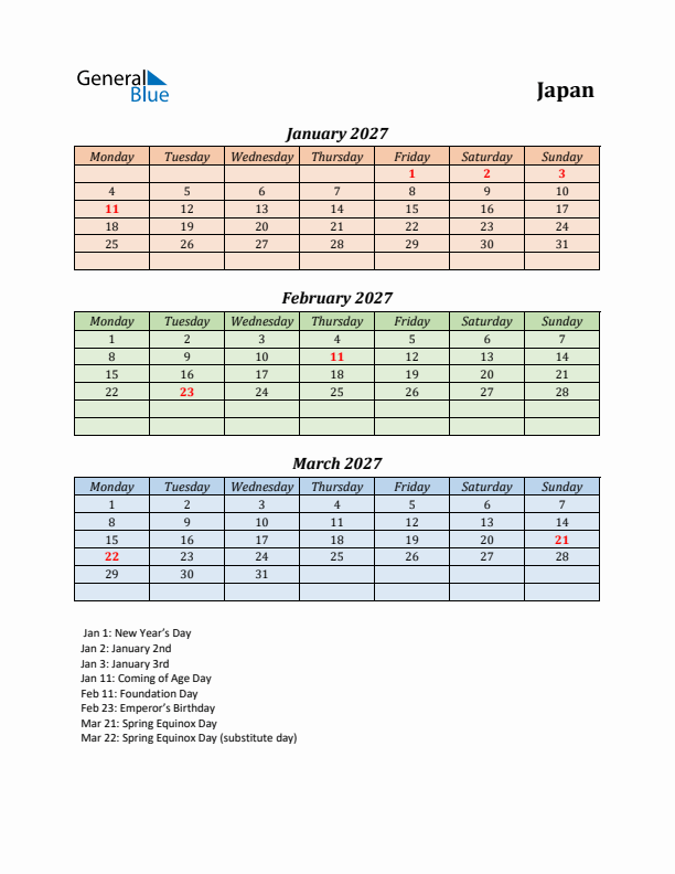 Q1 2027 Holiday Calendar - Japan