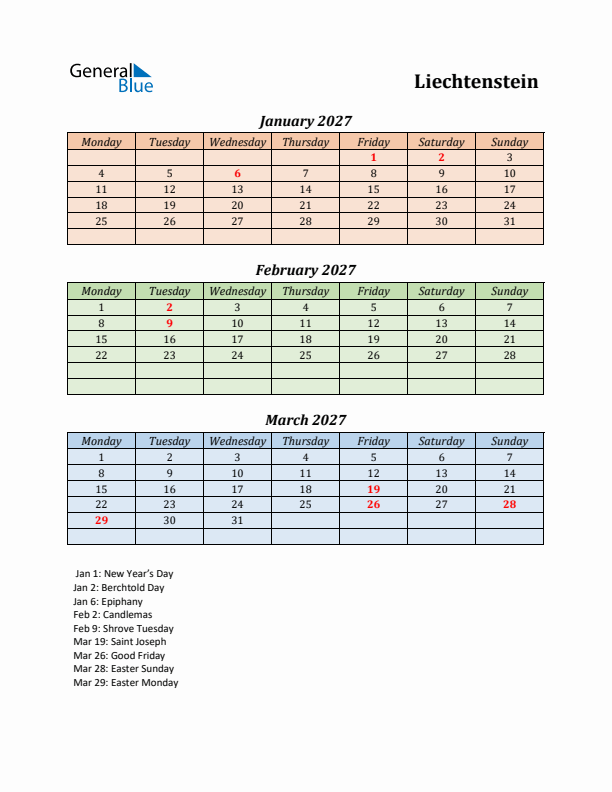 Q1 2027 Holiday Calendar - Liechtenstein