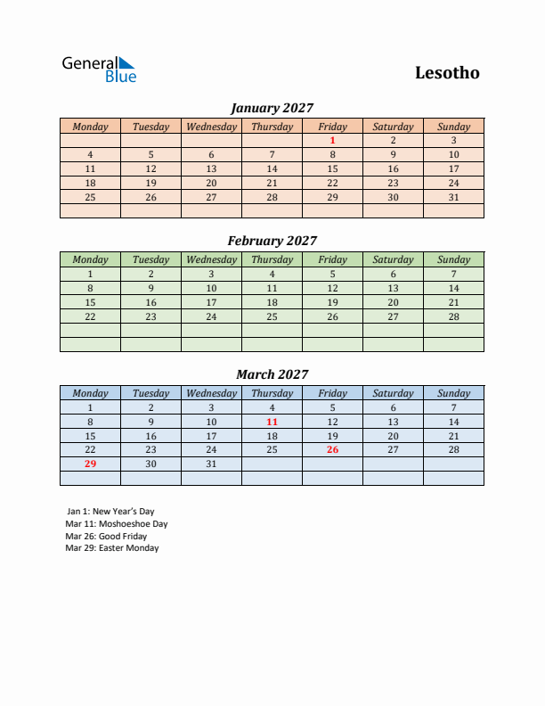 Q1 2027 Holiday Calendar - Lesotho