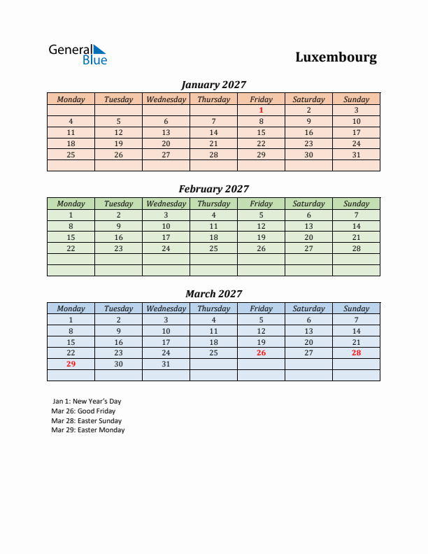 Q1 2027 Holiday Calendar - Luxembourg