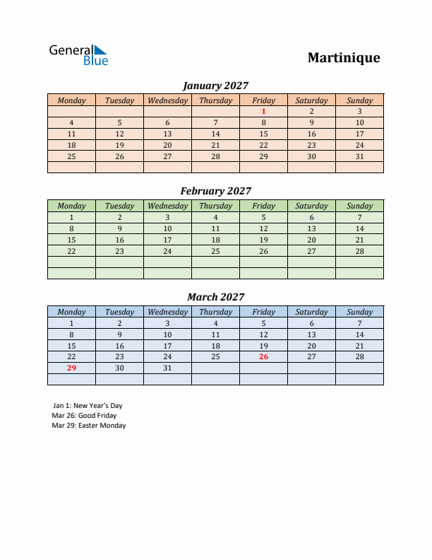 Q1 2027 Holiday Calendar - Martinique