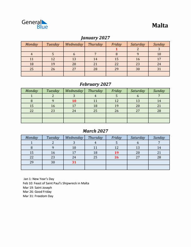 Q1 2027 Holiday Calendar - Malta