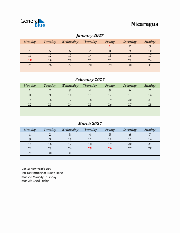 Q1 2027 Holiday Calendar - Nicaragua