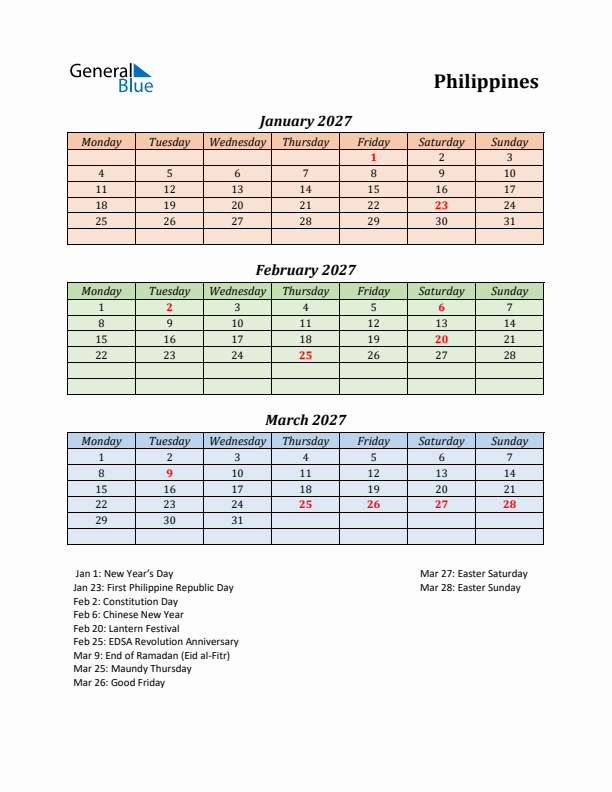 Q1 2027 Holiday Calendar - Philippines