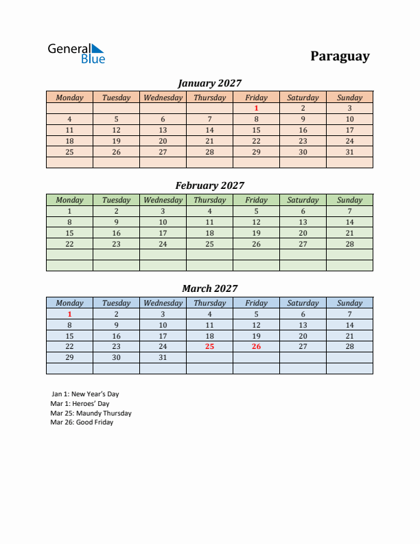 Q1 2027 Holiday Calendar - Paraguay