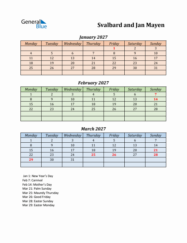 Q1 2027 Holiday Calendar - Svalbard and Jan Mayen