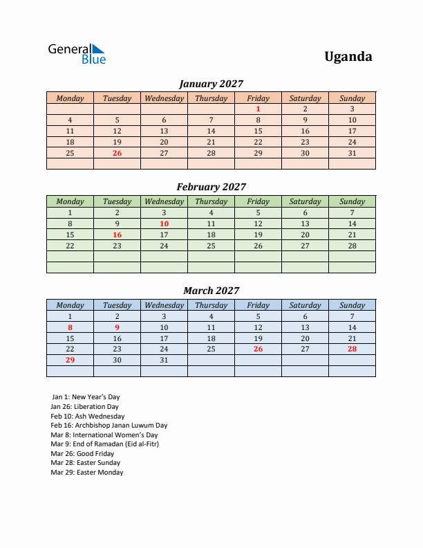 Q1 2027 Holiday Calendar - Uganda