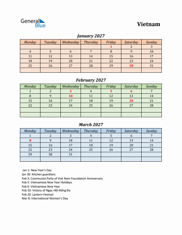 Q1 2027 Holiday Calendar - Vietnam