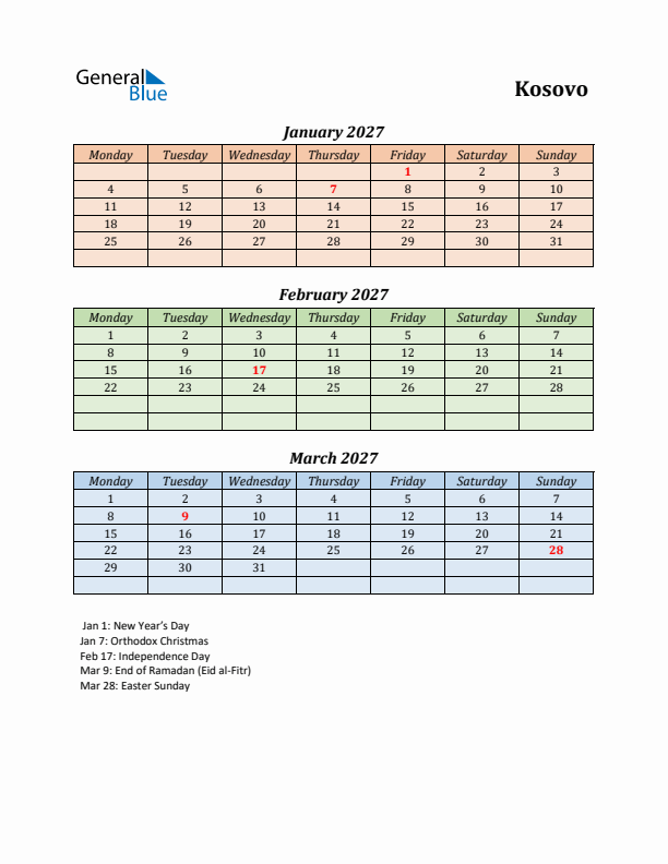 Q1 2027 Holiday Calendar - Kosovo