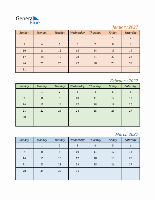 Three-Month Calendar for Year 2027 (January, February, and March)