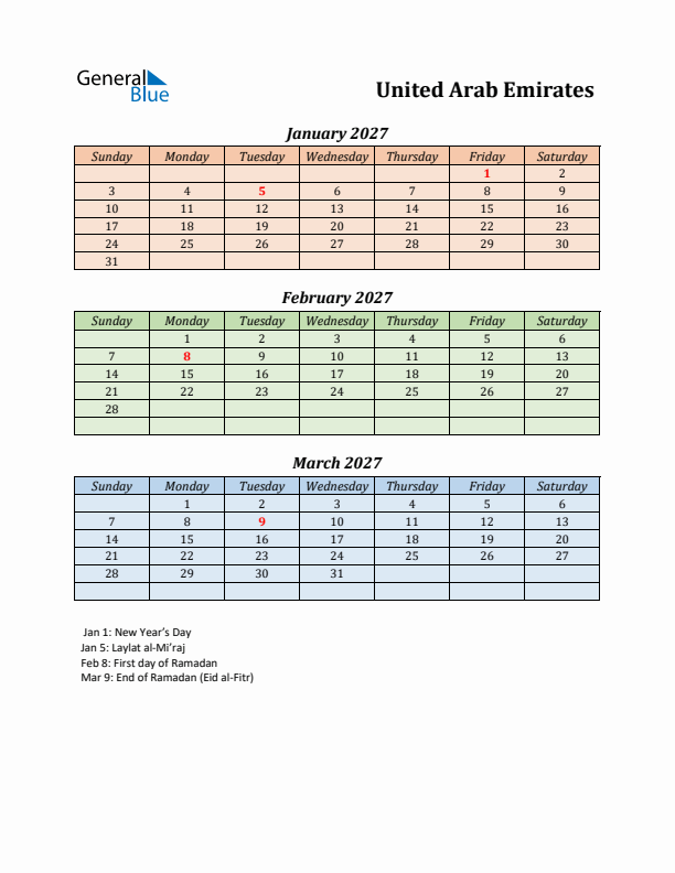 Q1 2027 Holiday Calendar - United Arab Emirates