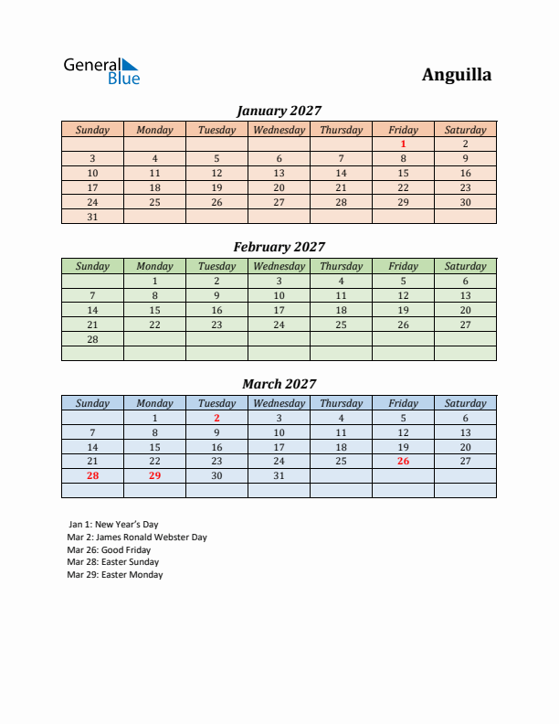 Q1 2027 Holiday Calendar - Anguilla