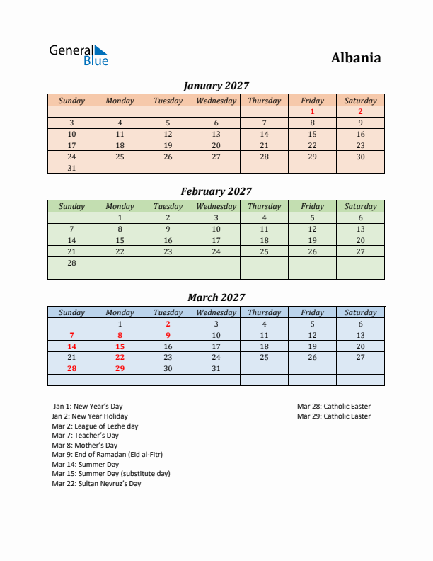 Q1 2027 Holiday Calendar - Albania