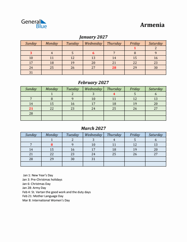 Q1 2027 Holiday Calendar - Armenia