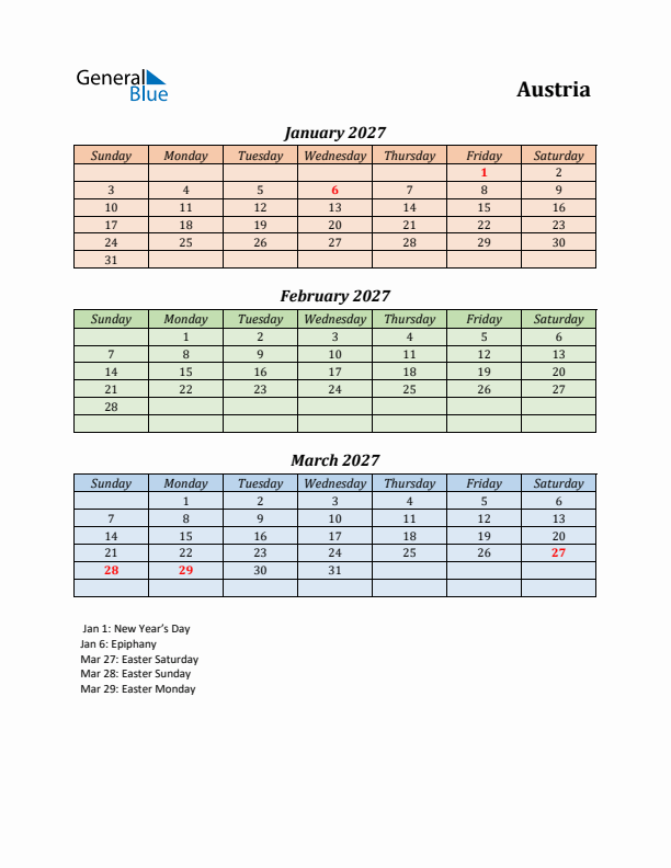 Q1 2027 Holiday Calendar - Austria