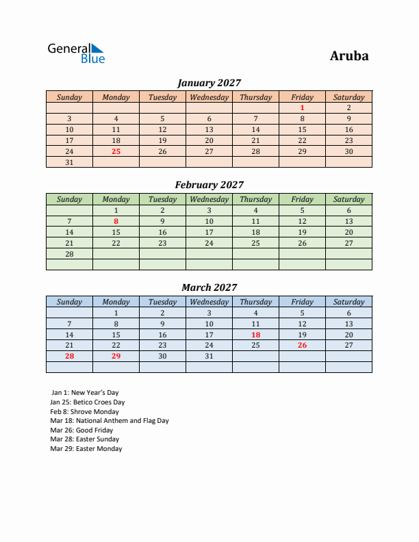 Q1 2027 Holiday Calendar - Aruba