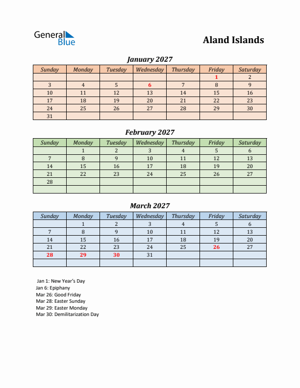 Q1 2027 Holiday Calendar - Aland Islands