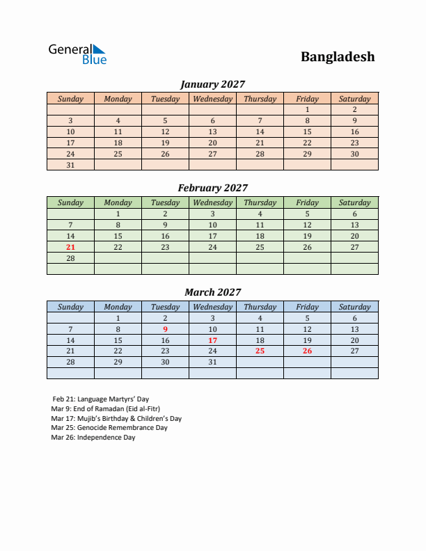 Q1 2027 Holiday Calendar - Bangladesh