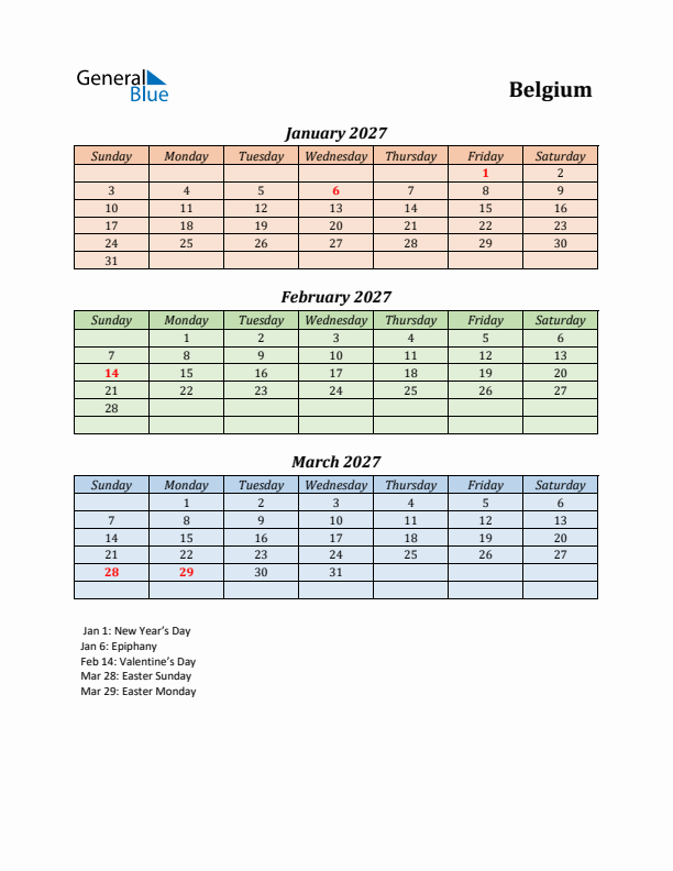 Q1 2027 Holiday Calendar - Belgium