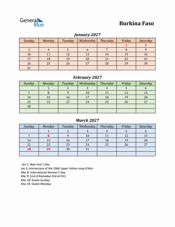 Q1 2027 Holiday Calendar - Burkina Faso