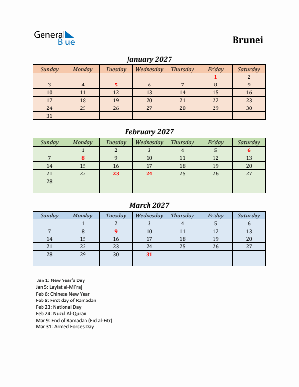 Q1 2027 Holiday Calendar - Brunei