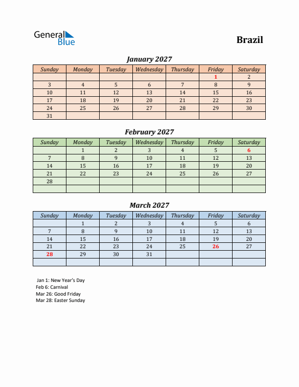 Q1 2027 Holiday Calendar - Brazil