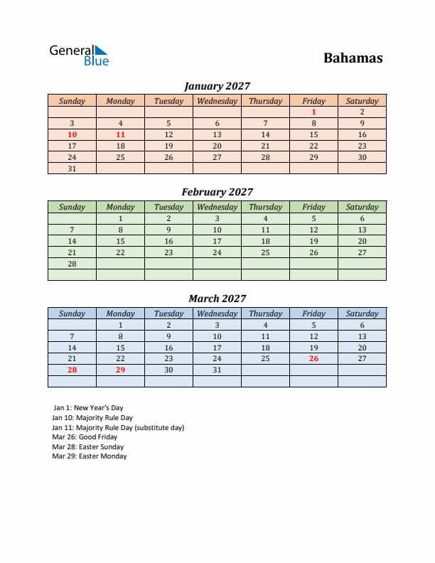 Q1 2027 Holiday Calendar - Bahamas