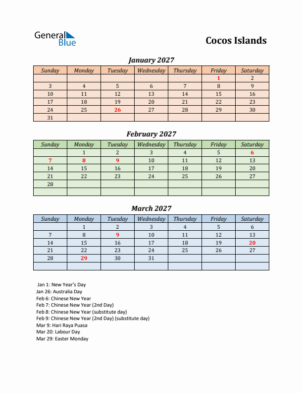 Q1 2027 Holiday Calendar - Cocos Islands