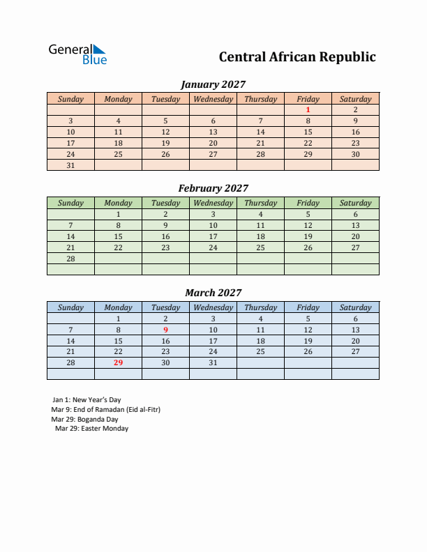 Q1 2027 Holiday Calendar - Central African Republic