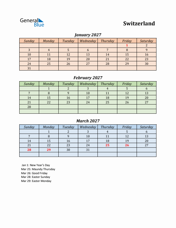 Q1 2027 Holiday Calendar - Switzerland