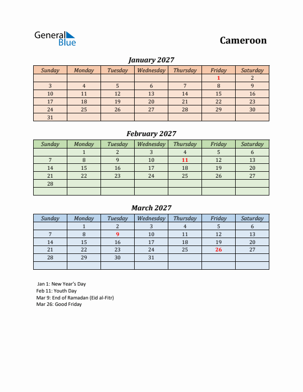 Q1 2027 Holiday Calendar - Cameroon