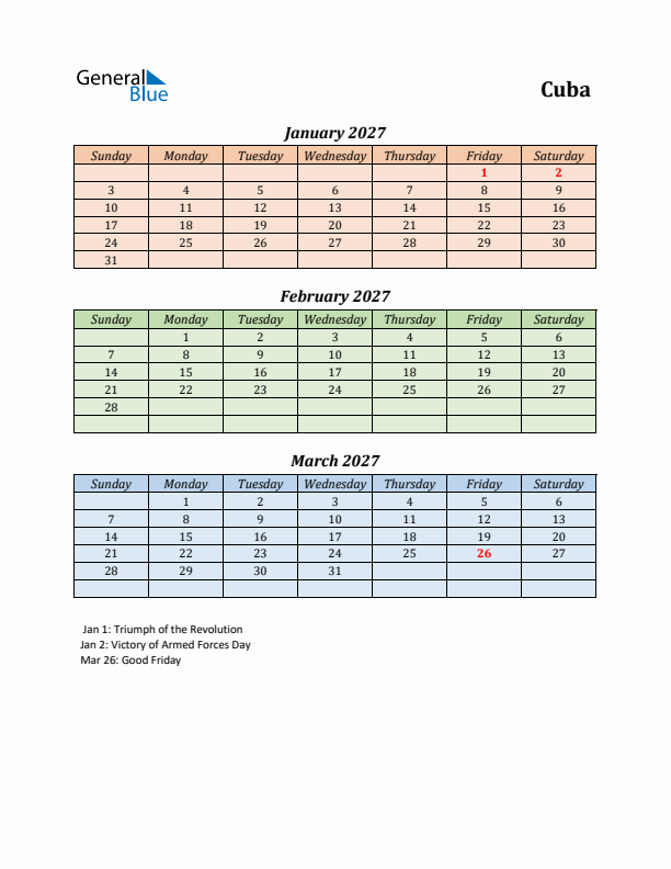 Q1 2027 Holiday Calendar - Cuba