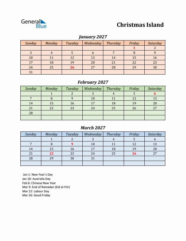 Q1 2027 Holiday Calendar - Christmas Island