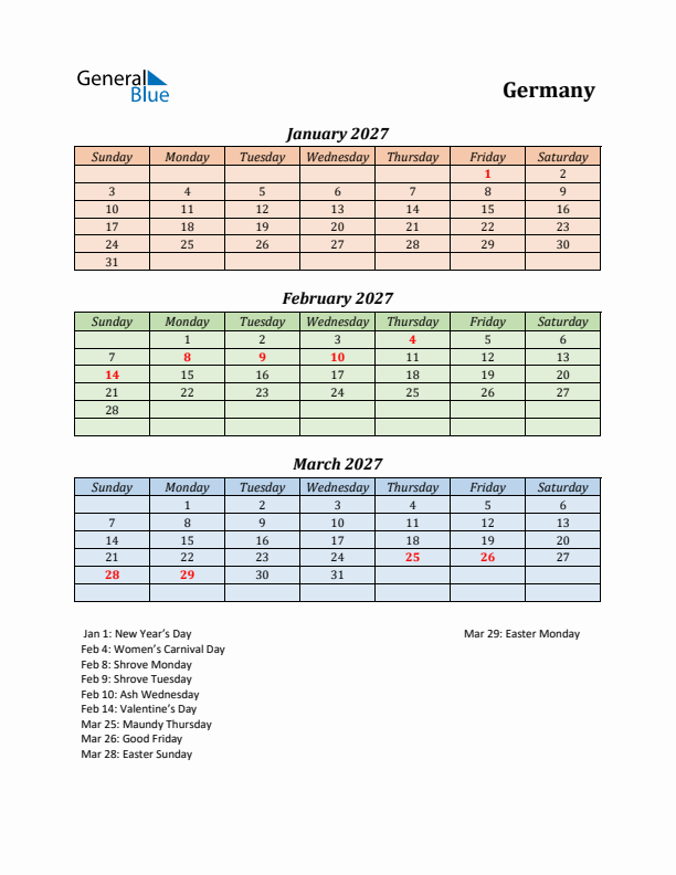 Q1 2027 Holiday Calendar - Germany