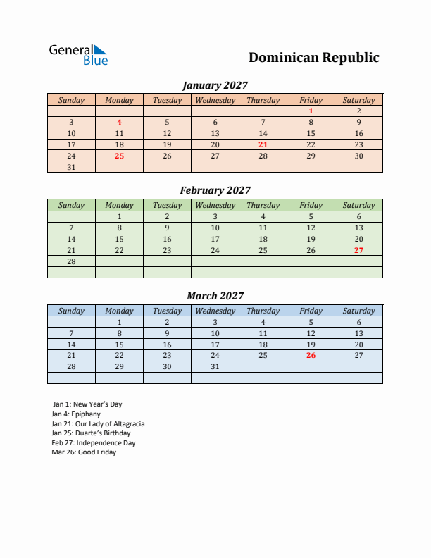 Q1 2027 Holiday Calendar - Dominican Republic