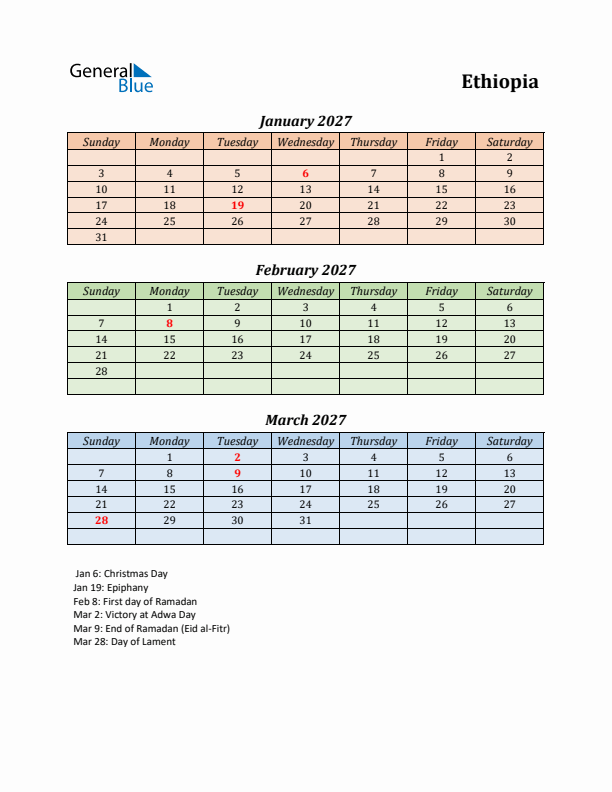 Q1 2027 Holiday Calendar - Ethiopia