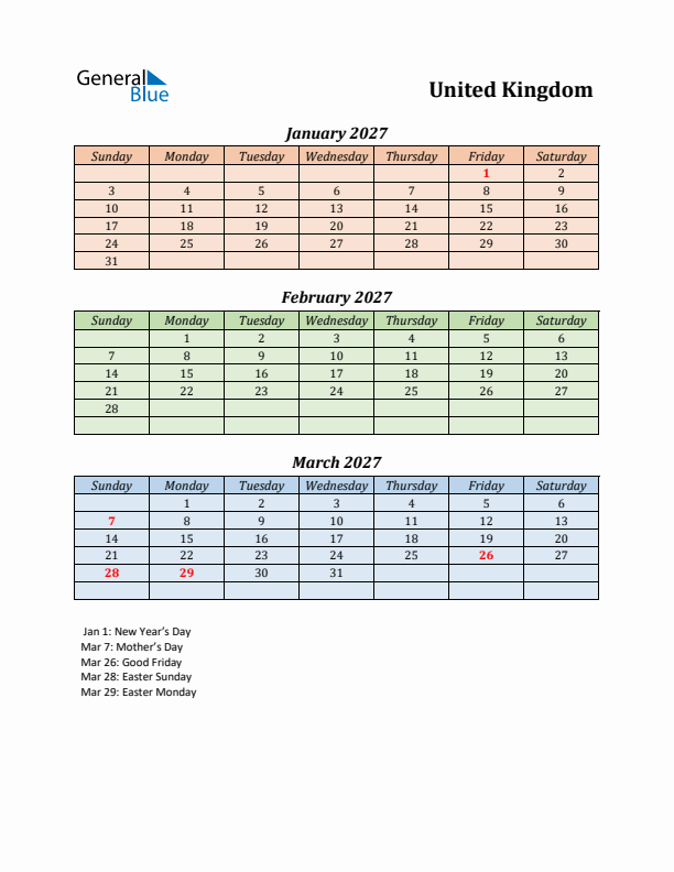 Q1 2027 Holiday Calendar - United Kingdom