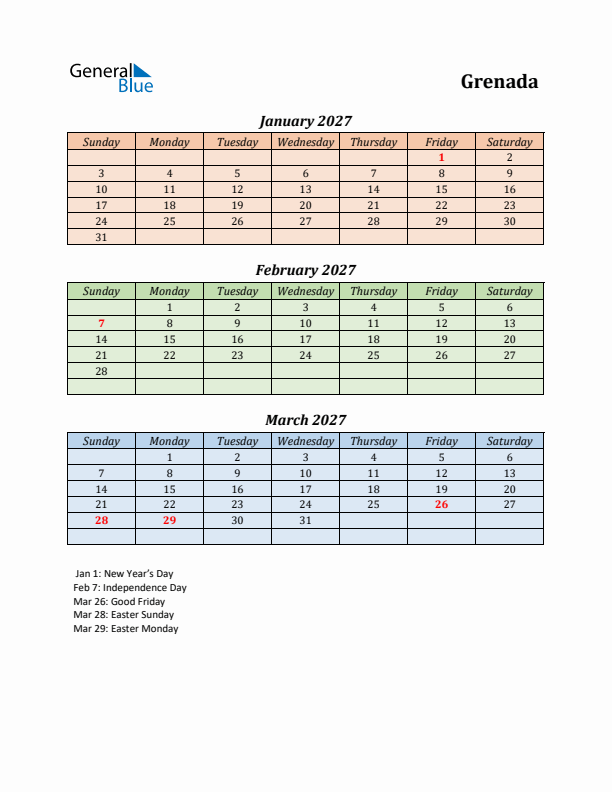 Q1 2027 Holiday Calendar - Grenada