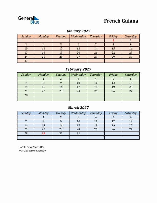 Q1 2027 Holiday Calendar - French Guiana