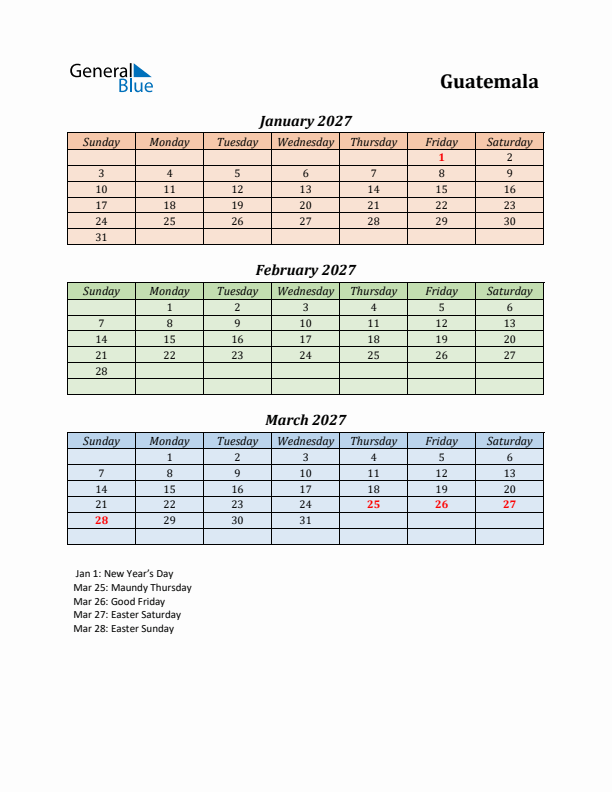 Q1 2027 Holiday Calendar - Guatemala