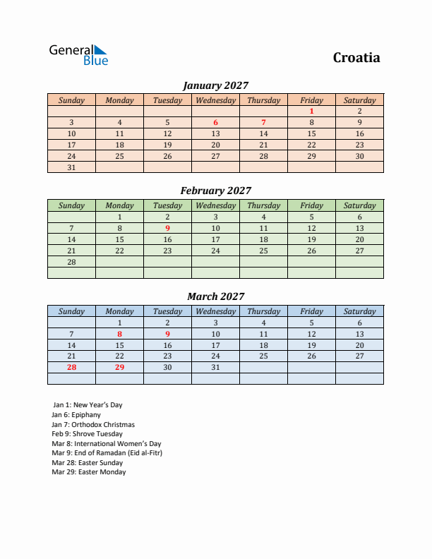 Q1 2027 Holiday Calendar - Croatia