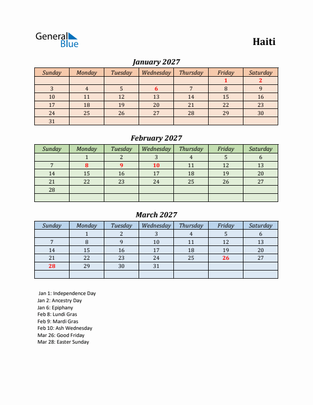 Q1 2027 Holiday Calendar - Haiti