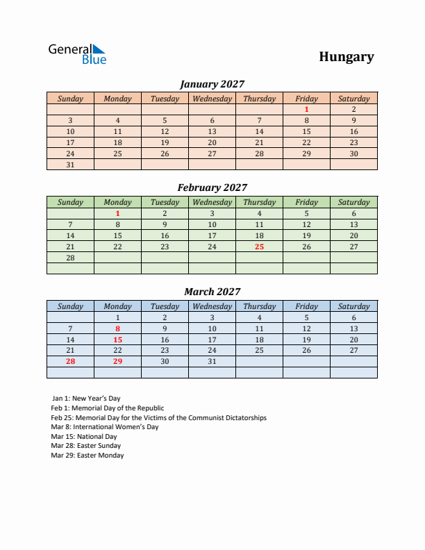 Q1 2027 Holiday Calendar - Hungary