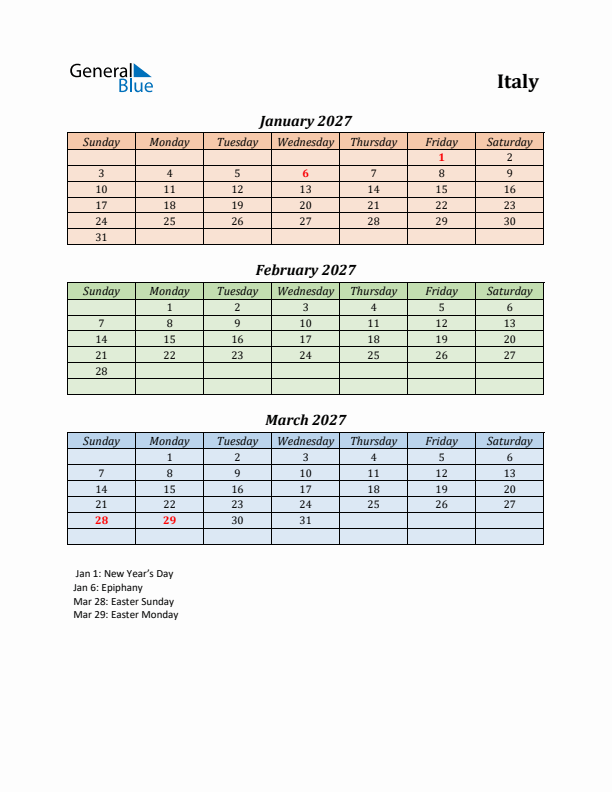 Q1 2027 Holiday Calendar - Italy