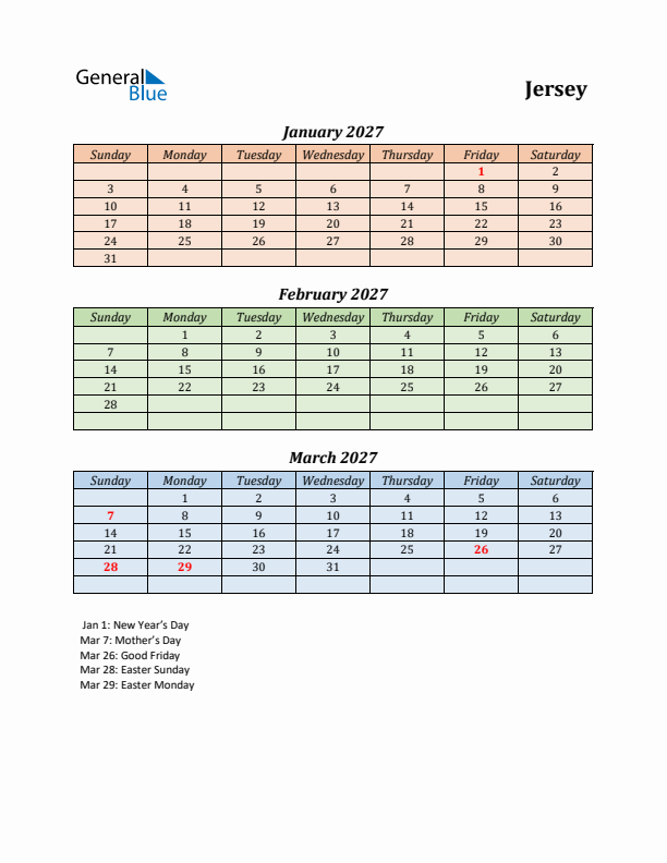 Q1 2027 Holiday Calendar - Jersey