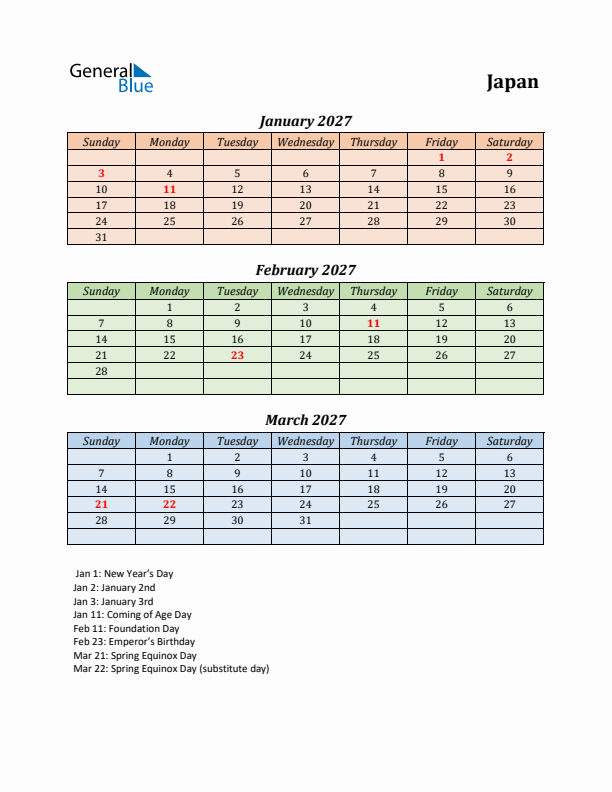 Q1 2027 Holiday Calendar - Japan