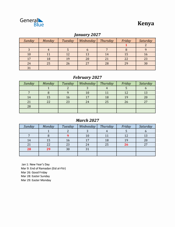 Q1 2027 Holiday Calendar - Kenya