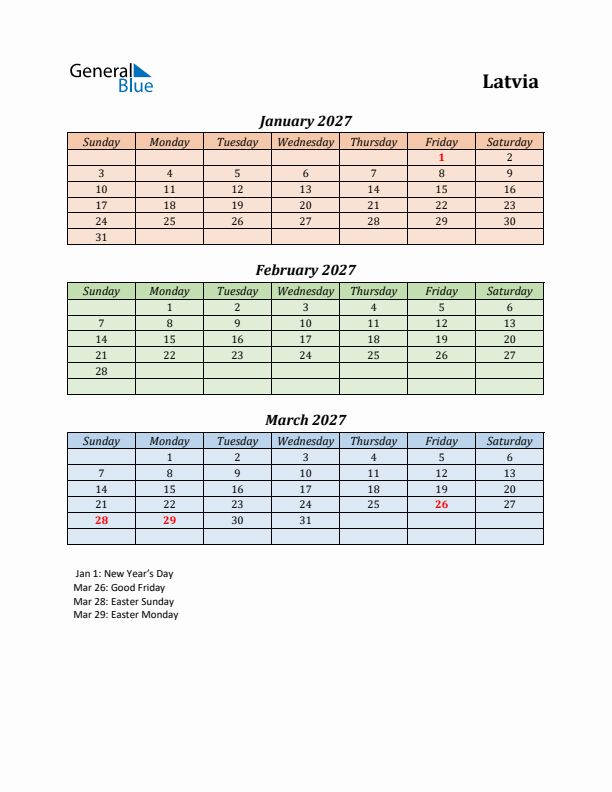 Q1 2027 Holiday Calendar - Latvia